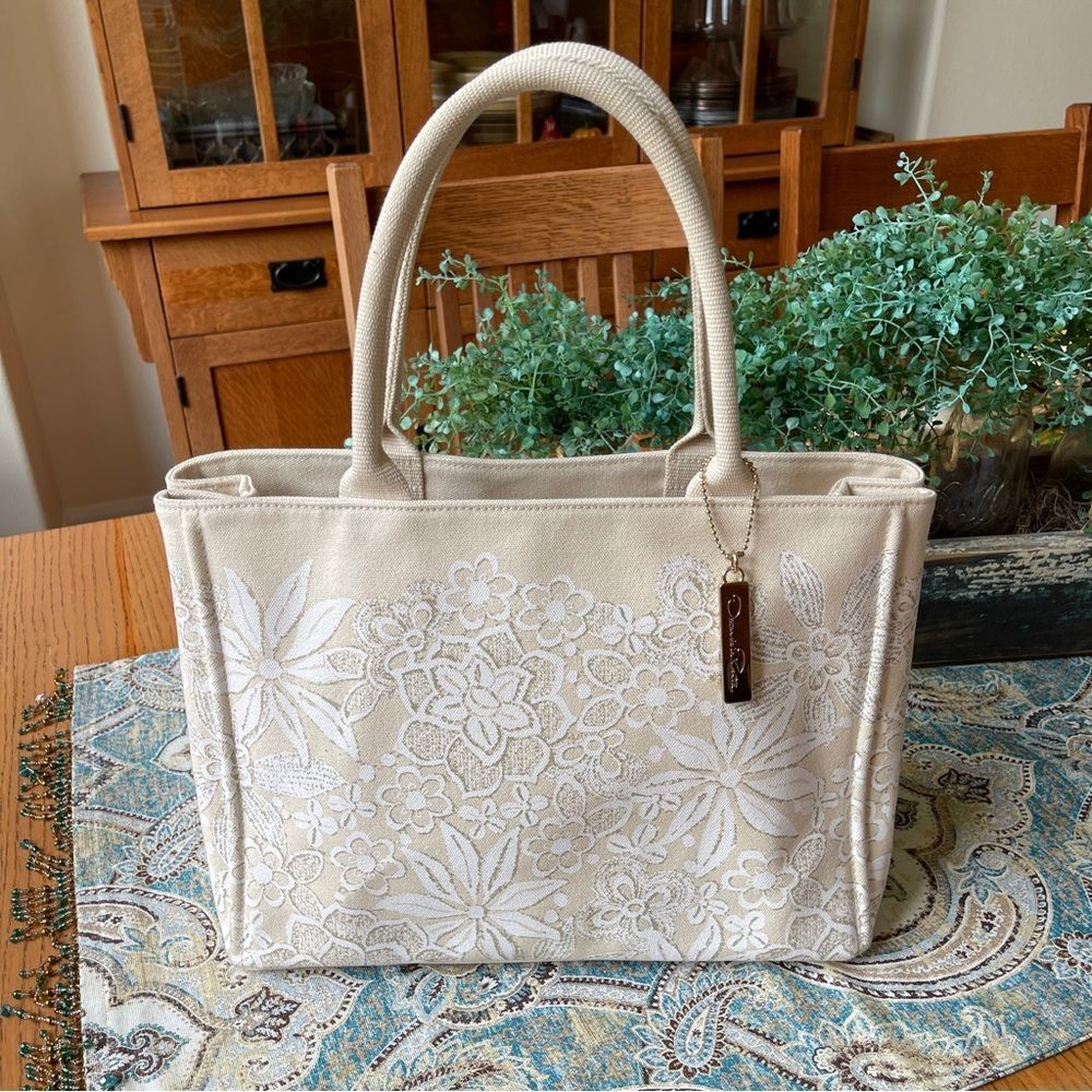 Oscar de la Renta canvas bag Cotton floral rolled handles cream white EUC